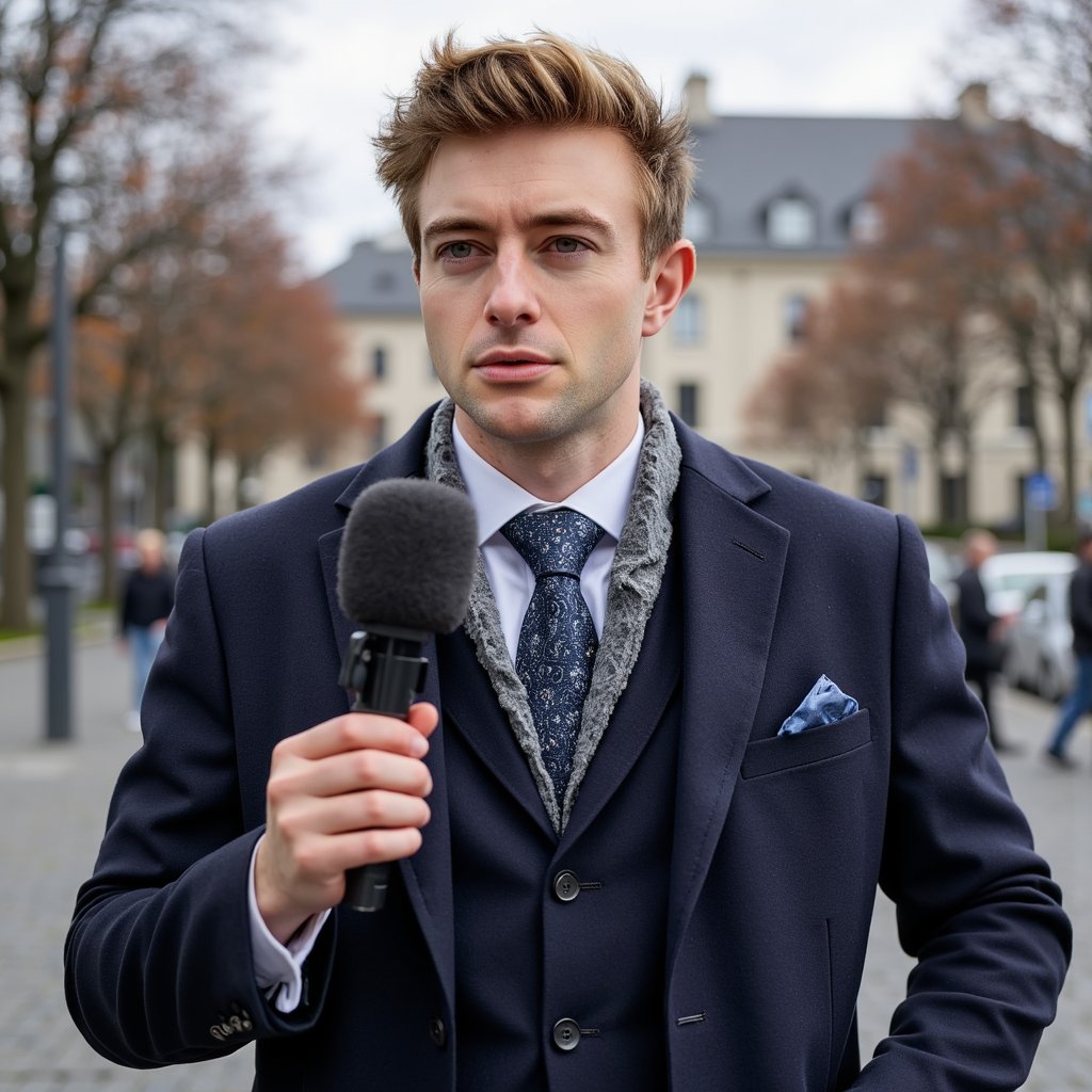 Highly realistic, highly detailed HDR image of a man journalist in a dark wool overcoat over a navy suit, gray scarf draped loosely; short neatly styled hair. Camera: 35mm lens, f/2.8, ISO 200, half-body, shot at slight upward angle outdoors. Lighting: bright overcast sky as giant softbox, natural catchlight in eyes, soft jawline shadow. Pose: holding handheld microphone toward unseen subject, expression focused and inquisitive. Background: blurred urban plaza with faint silhouettes of passersby, minimal clutter