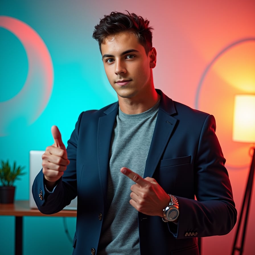 Generate a personalized thumbnail headshot of a man with a focused and engaging expression. He is pointing to the side or holding a prop relevant to his content (e.g., a microphone or laptop). The background is a vibrant color gradient, designed to match bold text overlays