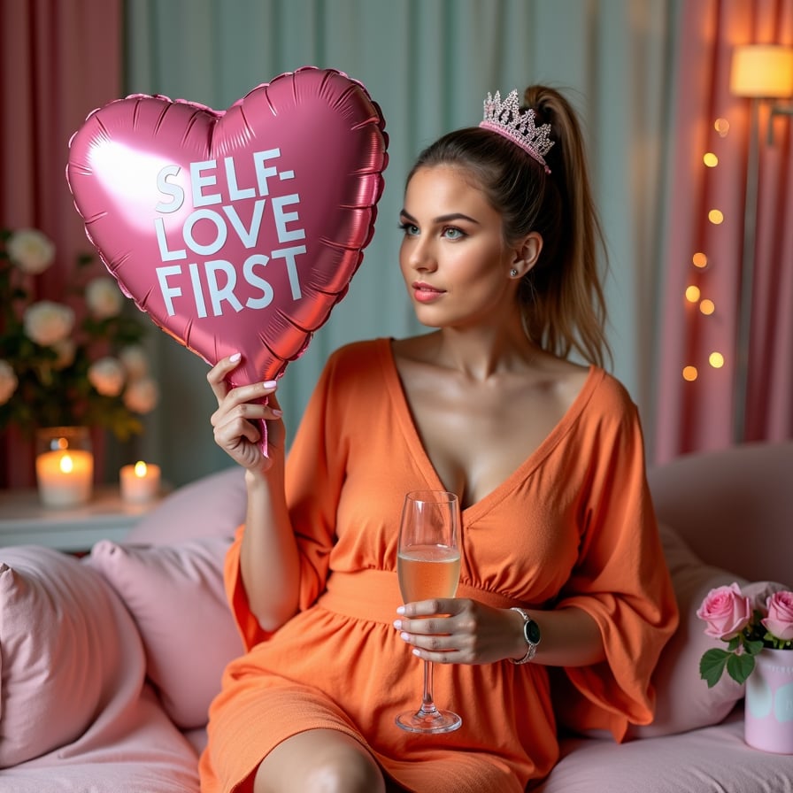 Stand confidently in a vibrant outfit, holding a heart-shaped balloon with "Self-Love First" written on it. Smile proudly to show empowerment.