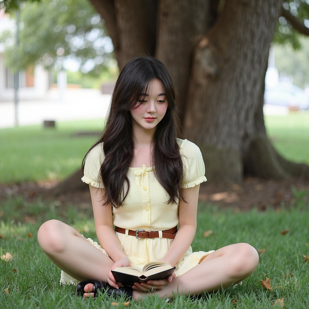 Highly realistic 1960s outdoor yearbook shot of a girl sitting cross-legged on the grass under a large oak tree, captured from a low angle with a 35mm lens. She wears a pastel yellow cotton dress with short puff sleeves, fine vertical ribbing visible in the fabric, and a fitted waistline. A thin brown leather belt cinches the dress, slightly worn at the holes. Her brunette hair is styled in loose waves, a white ribbon tied at the nape. She’s holding a paperback book in both hands, looking down at the page with a faint smile. Skin shows warm golden highlights along the cheek and nose, eyelashes casting delicate shadows. The background is a soft blur of dappled sunlight through leaves, with the texture of grass blades in the immediate foreground rendered in fine detail.