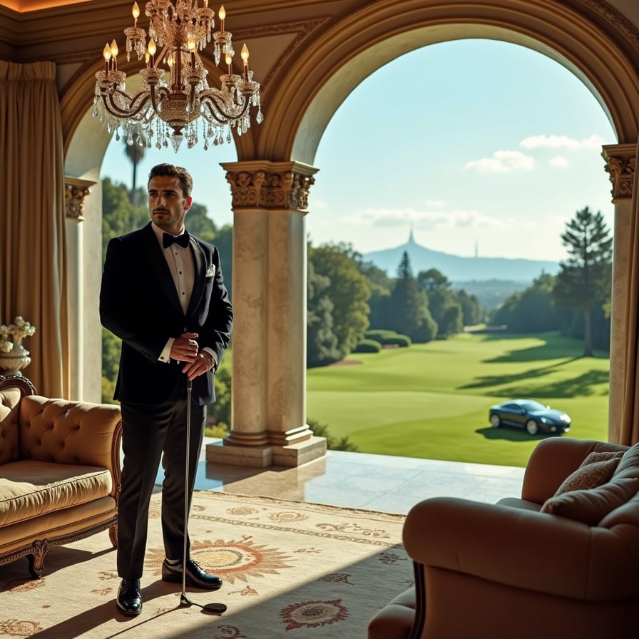 man in luxurious golf attire, holding a golf club and standing on a lush green golf course, with a luxurious villa or mansion in the background, sun shining down, and a hint of exclusivity and wealth