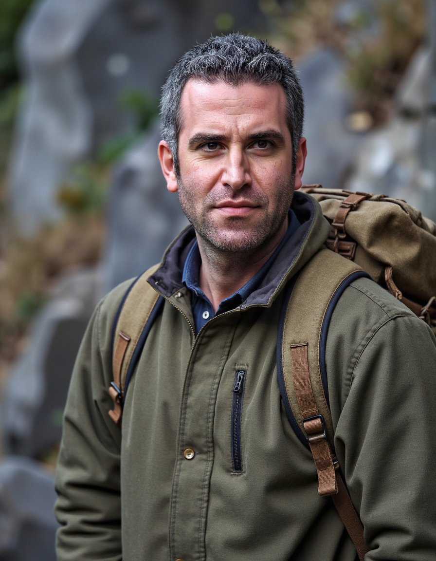 Waist-up portrait of a rugged man in his 40s, sporting a trimmed beard, olive green jacket, and a canvas backpack strap across his shoulder. Standing at slight angle, eyes looking into distance. Background: rocky hill terrain, softly blurred. Natural outdoor sunlight, mid-depth focus, textured skin realism.