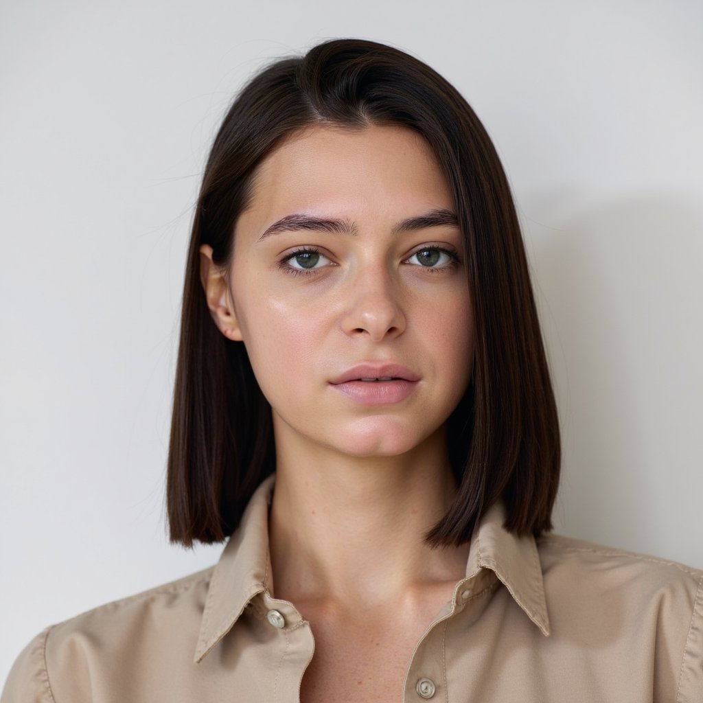 A highly detailed, highly realistic HDR passport-style portrait of a woman in her mid-20s. She has jet black straight hair styled in a sleek middle part, tucked neatly behind both ears. She wears a tailored soft beige blouse with a matte finish and minimal folds. Lighting is extremely bright and even, making shadows nearly invisible while preserving detail. Background is pure, solid white with no gradients or texture. Camera is directly centered at eye level. Her expression is calm and neutral. The image reveals precise details like tiny reflections in the eyes, fine strands of hair, and soft fabric texture on the blouse. Clean, ultra-modern, and regulation-ready.