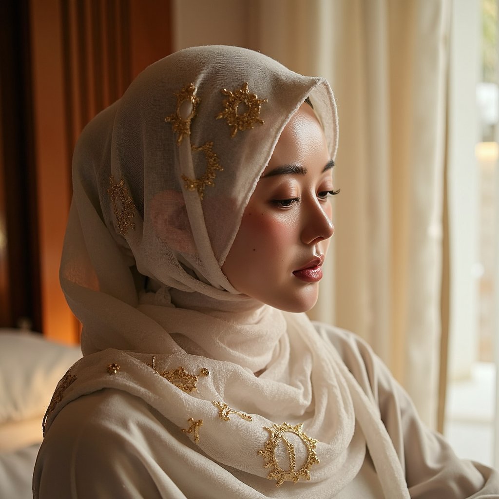 Close-up headshot of a woman in an elegant hijab with gold embroidery, eyes closed in reflection, soft background lights resembling Mawlid night ambiance