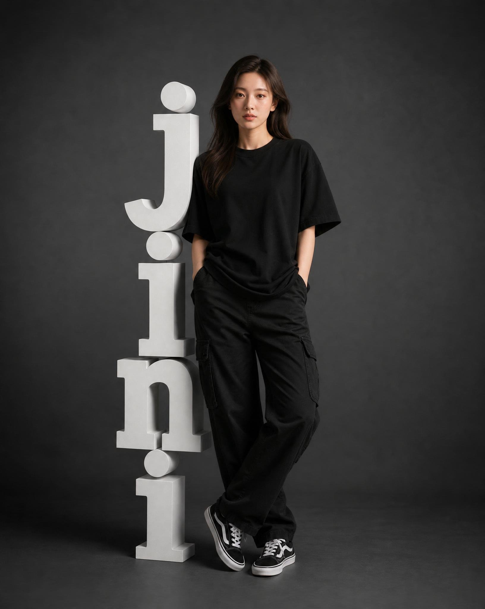 {jini}” full-body studio fashion portrait, leaning casually against large vertical 3D block letters spelling “{jini}”, clean modern editorial composition. Female model in relaxed black oversized t-shirt and black cargo pants, hands in pockets, subtle confident expression, natural pose, crossed legs, minimal styling, sneakers.
Dark neutral studio background (matte charcoal/grey), soft diffused key light from front-left, gentle shadow falloff, studio-grade lighting, soft highlights on skin, realistic skin texture, natural makeup, detailed fabric folds.
Typography: bold white 3D sans-serif letters stacked vertically, slightly taller than subject, matte finish, soft shadows, perfectly aligned beside subject.
Color grading: neutral, slightly cool tones, high-end fashion editorial look, low saturation, clean contrast.
Camera: Sony A1, 85mm lens, f/2, shallow depth of field, ultra sharp focus, magazine-quality, 8k, professional studio photography.
Negative prompt: cluttered background, extra text, distorted body, harsh lighting, oversaturation, blur, noise, low detail.
