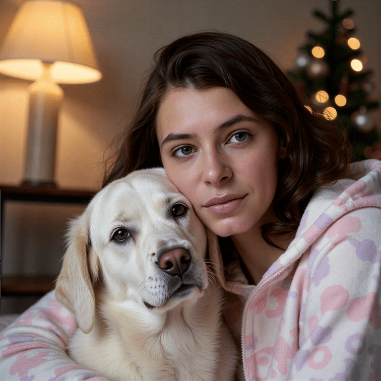 Gender: Female

Pose: Close-up with her pet dog, both looking relaxed.

Attire: 