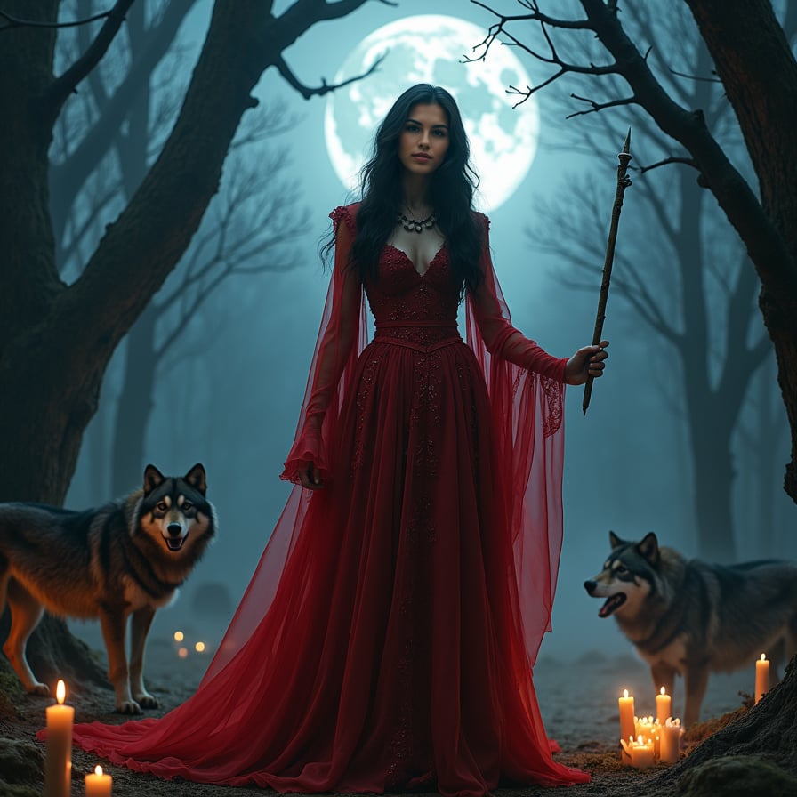 woman in a bold, scarlet dress, standing tall with an otherworldly aura, moon glow casting an ominous light on her face, amidst a hauntingly eerie landscape with twisted trees, howling wolves, and an unsettling mist.