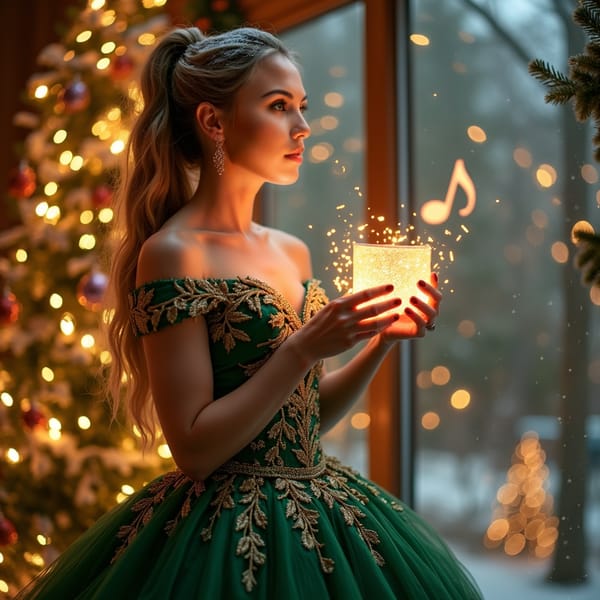 A woman in an elegant emerald-green ballgown adorned with golden embroidery of holly leaves and berries. She stands in a glowing forest of sparkling Christmas lights, holding a magical gift card that glows with a golden aura. Musical notes float around her as she sings, the gift card shining like a beacon in the soft snowfall that dusts the enchanted landscape.