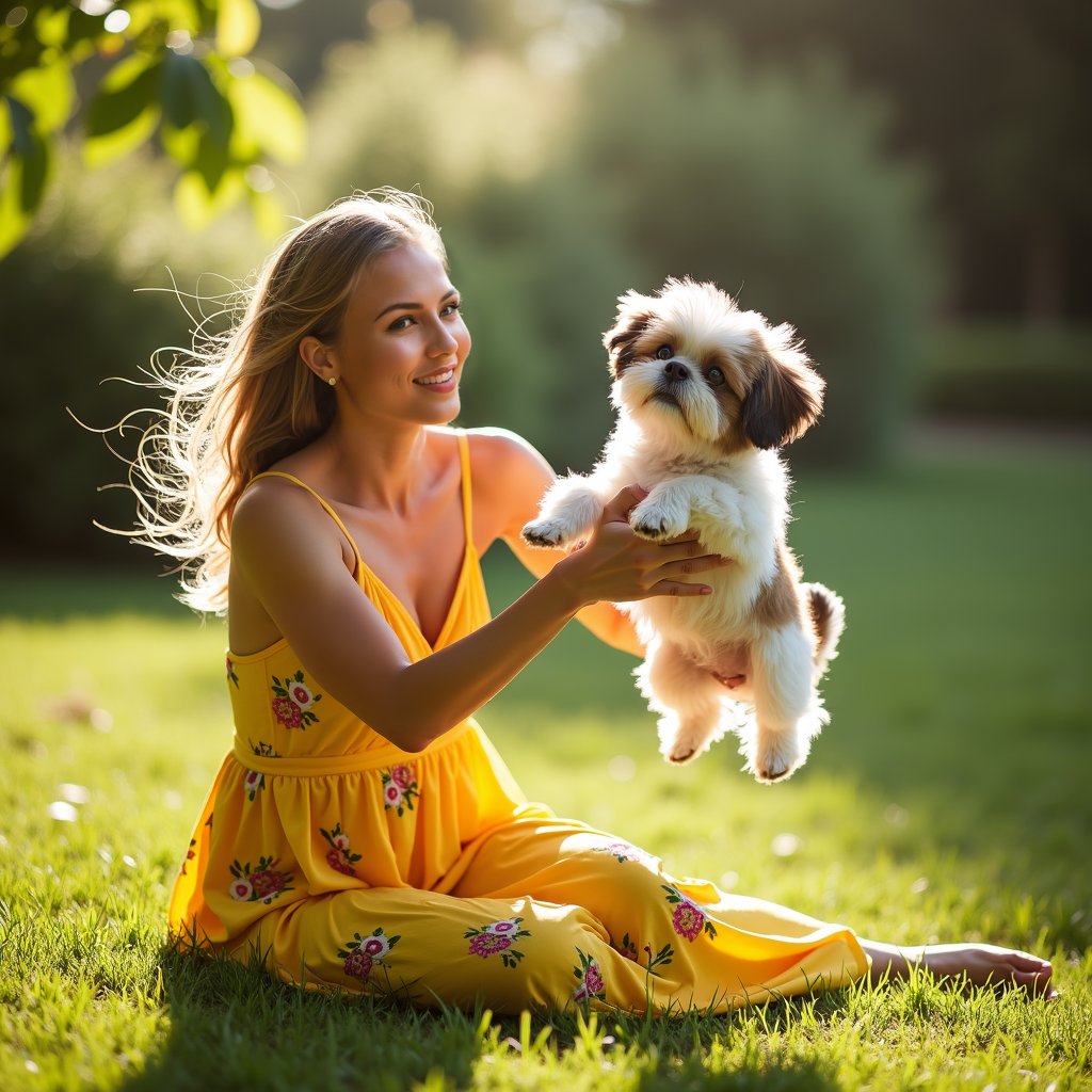 woman in bright yellow sundress with floral patterns, beaming with radiant happiness, basking in warm sunlight, surrounded by lush greenery, joyful expression, gentle smile, against a natural outdoor backdrop with trees and bushes,shih tzu in mid-air, jumping from the ground towards her, playful and energetic, with sunlight casting a warm glow on the entire scene.