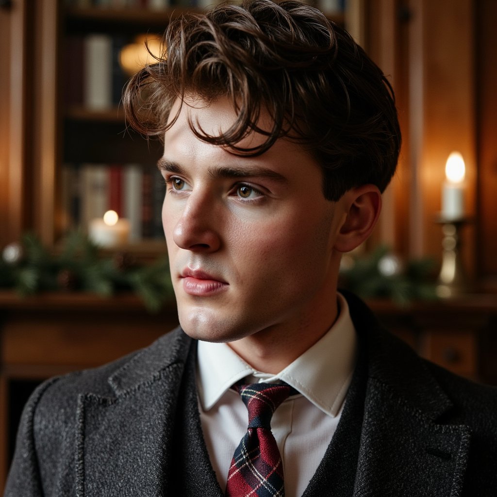 Close-up portrait of a man in an oak-paneled library, ambient light from a brass desk lamp. Hairstyle: side-part, soft wave; clean-shaven. Attire: dark tweed blazer, crisp white shirt, tartan tie. Fabric details: visible herringbone texture, tie weave, cotton thread. Camera: eye-level, 85mm, f/1.6 for gentle blur. Lighting: single tungsten lamp key + low ambient fill. Background: blurred shelves of books, muted garland with pinecones, brass lamp glow. Pose: neutral, composed, looking slightly away. Render: highly detailed, highly realistic, HDR; lifelike reflections in eyes, detailed fabric fibers, warm tonal contrast.