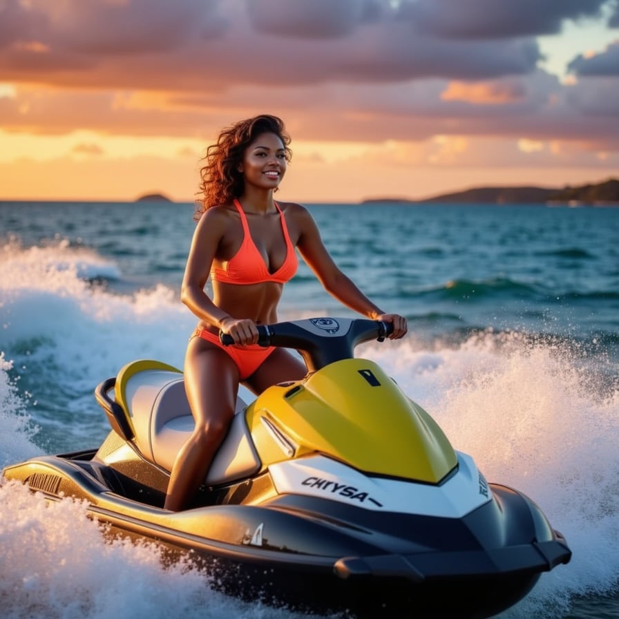 In the foreground, a woman in a neon bikini rides a high-powered jet ski at full speed, water cascading off the sides and spraying into the air. Behind her, a turquoise ocean stretches towards the horizon, sparkling in the sun. In the background, a sunset sky explodes with vibrant oranges, pinks, and purples, hinting at an epic summer party on the horizon.  
