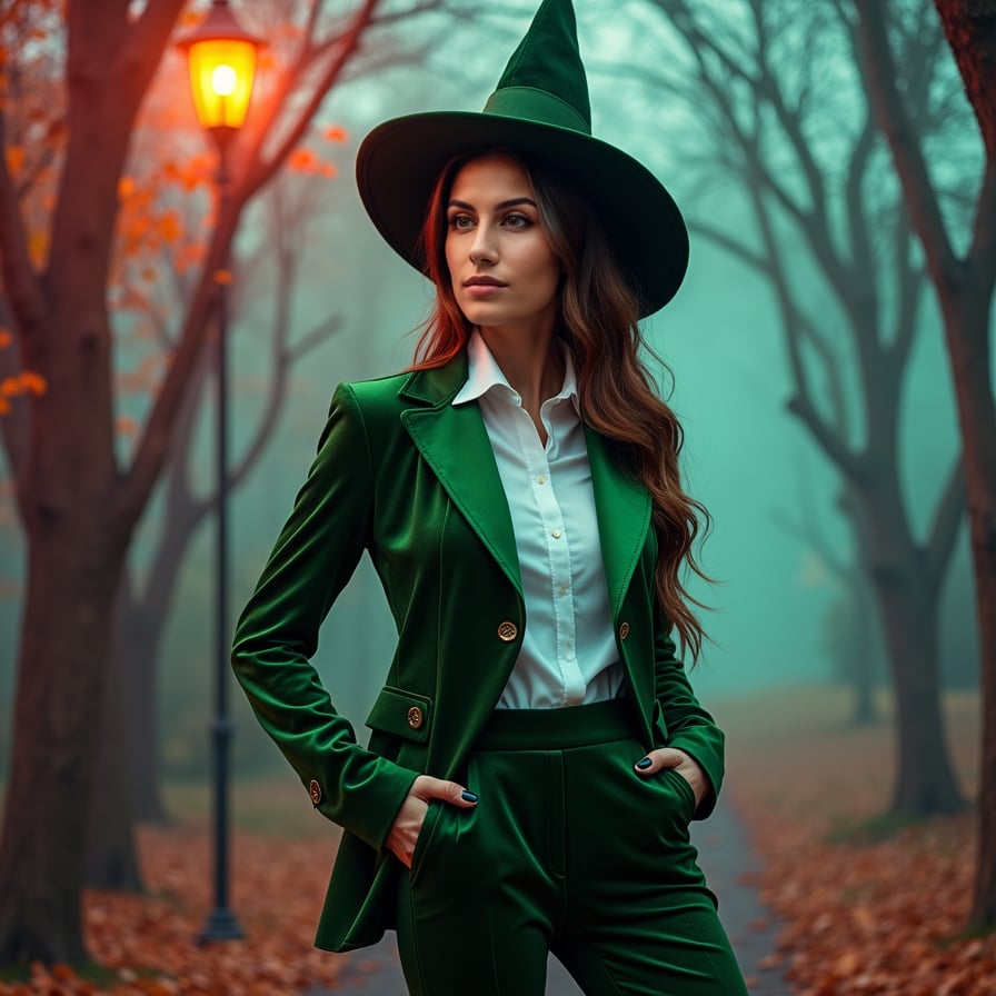 woman wearing a bold, eerie green Halloween costume, consisting of a fitted green velvet blazer, a crisp white dress shirt, and matching green velvet trousers, complete with a green top hat and a masquerade mask, posing against a hauntingly beautiful autumnal background with twisted tree branches and misty fog