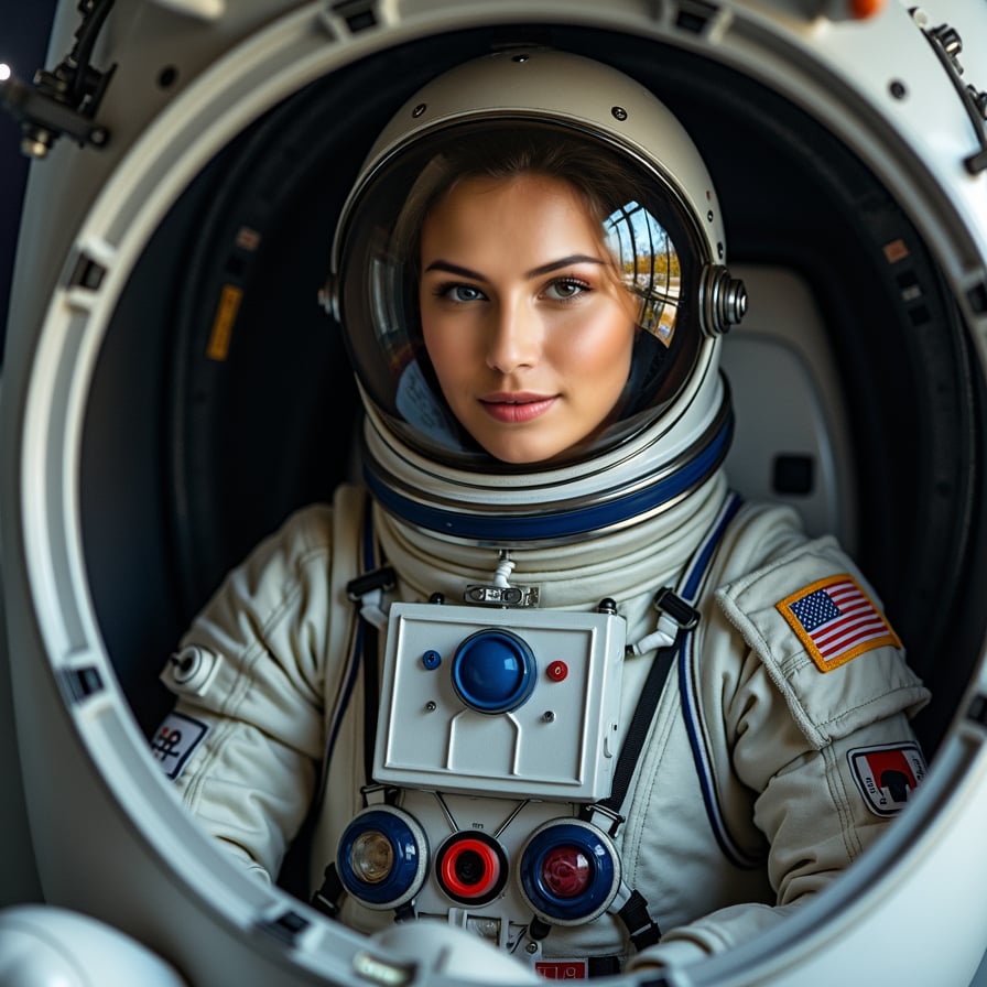 Female astronaut in spacecraft, reflective visor, starry surroundings.
