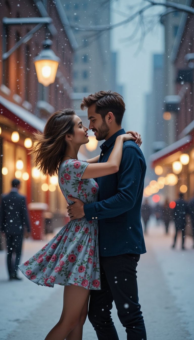 Using a still from La La Land’s dance on the hill scene, generate an alternate version set during a snowy night in New York — keeping the couple’s pose but changing outfits and ambiance.