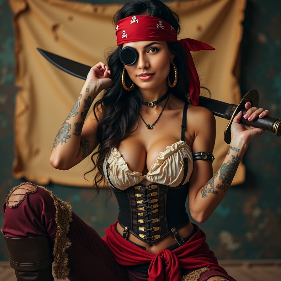 woman in a bold, provocative pirate costume, complete with a fitted corset, flowing pirate pants, and a bandana, posing seductively with a fake sword and a treasure map in the background, capturing the essence of swashbuckling adventure and pirate charm, dramatic lighting with a warm color tone, posing for a poster.