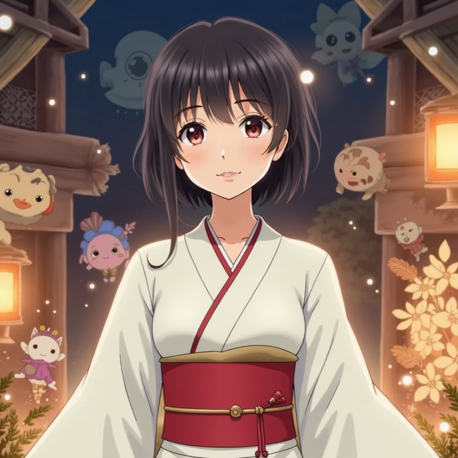 girl in a white kimono with a red sash, standing in front of a spirit world background with fantastical creatures and lanterns, inspired by Hayao Miyazaki's Spirited Away.