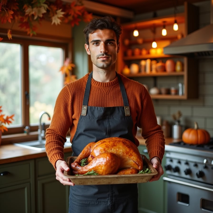 Man in cozy kitchen, warm sweater, holding roasted turkey.