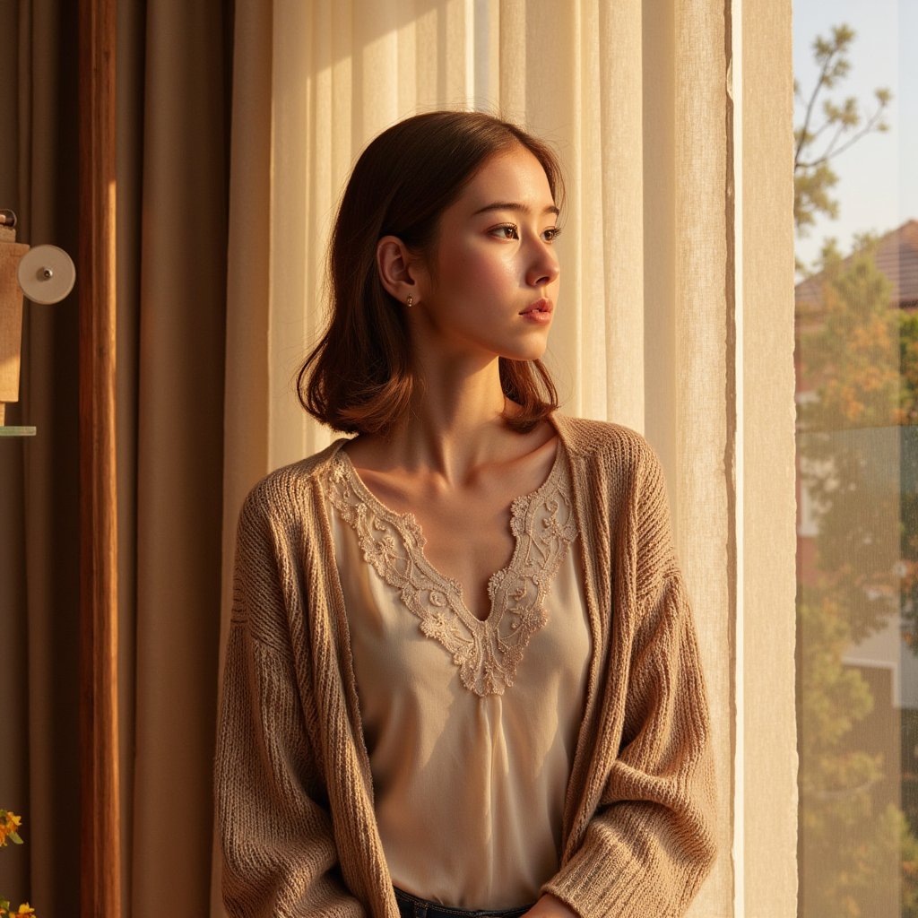 Highly realistic, highly detailed, hyperrealistic HDR portrait of a woman (female, ~32 yrs) standing waist-up beside a tall window as afternoon sunlight streams through sheer curtains. She wears a soft camel-colored knit cardigan layered over an ivory blouse with delicate lace detailing at the neckline. Hair shoulder-length, auburn with subtle waves, tucked behind one ear. Camera positioned slightly from the side (~30° angle), focus on her profile as she gazes out the window thoughtfully. The golden light outlines her face and highlights stray hair strands. Background softly blurred — suggestion of autumn trees through the glass, faint wood trim. Visible fabric threads, soft facial texture, gentle highlights on cheekbones. Warm, reflective Thanksgiving tone. HDR, high resolution, high quality, highly detailed, photorealistic.