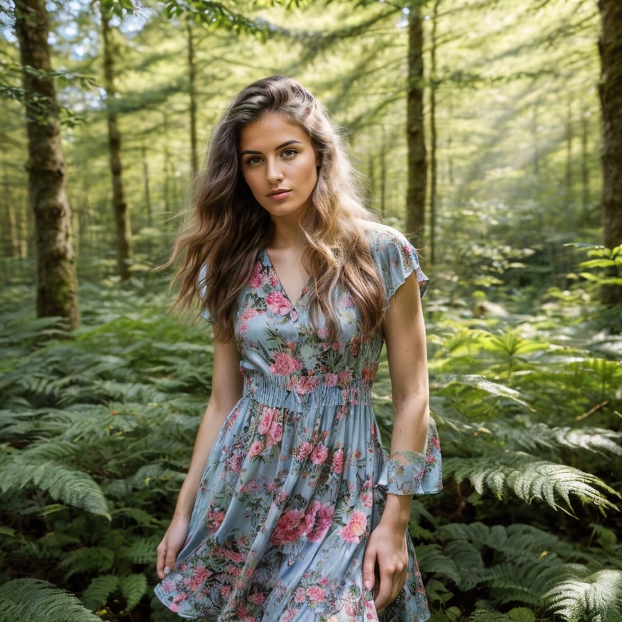 Energetic tropical adventurer, rainforest backdrop, lush greenery, and waterfalls.