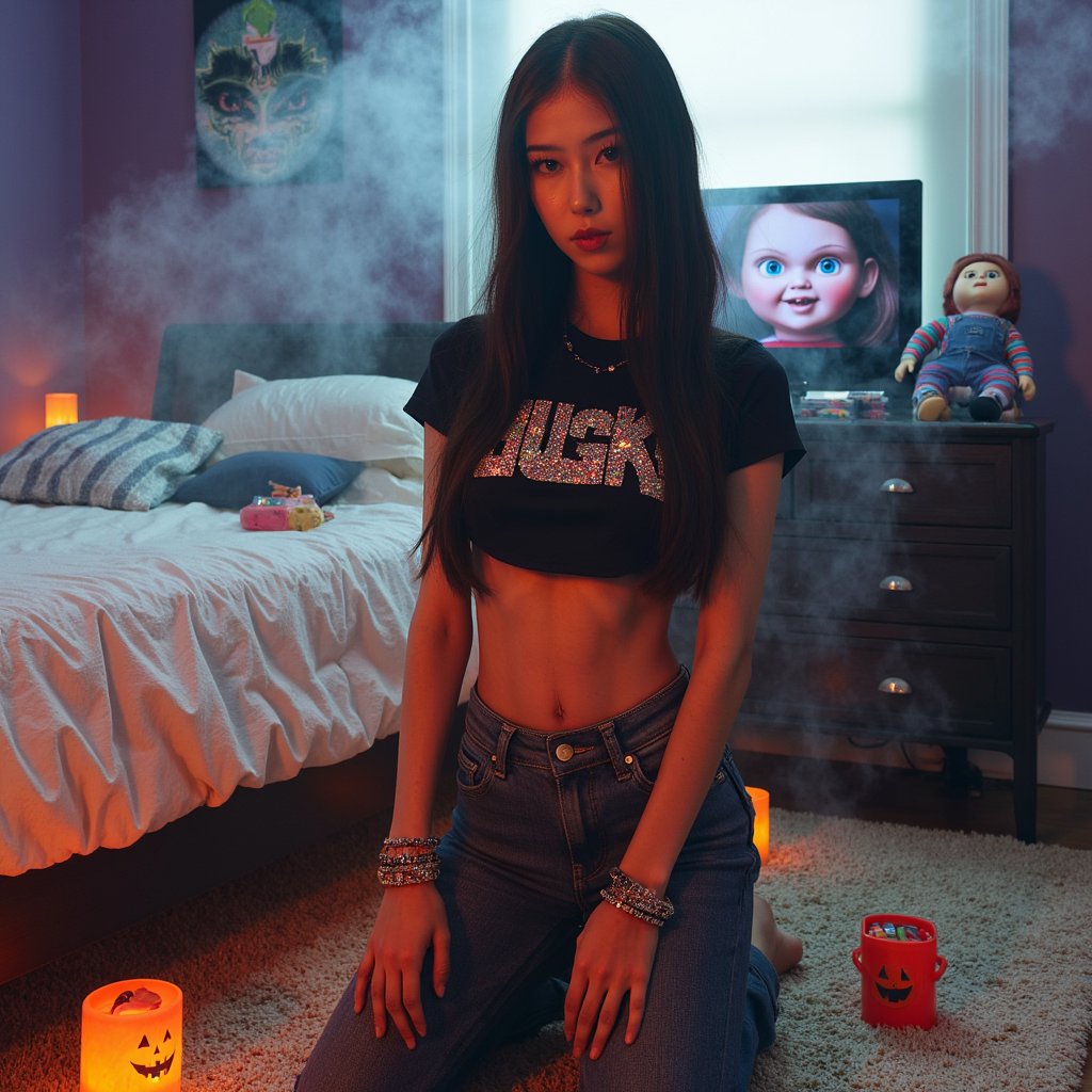 young woman kneels beside her bed in a Y2K-style girly bedroom. She wears low-rise jeans with rhinestone details, a cropped baby tee with a glittery Halloween print, and jelly bracelets stacked on her wrists. Her wavy hair is pinned back with sparkly barrettes, makeup shimmering with frosted eyeshadow. Around her are scattered Halloween candy buckets and VHS tapes stacked near the TV. The lighting is warm and grainy, as if shot with a disposable camera. On the dresser behind her, the Chucky doll from Child’s Play sits upright, his stitched grin faintly catching the glow.