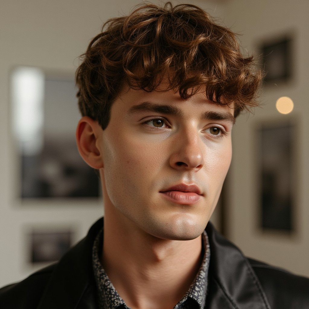 man in a modern, stylish look, photographed in a scene that honors the art and legacy of photography. A vintage camera is placed as a creative prop. The background features a softly blurred gallery wall with iconic photo prints and subtle lens flares. Studio lighting is perfectly balanced, sculpting his facial features with clarity and depth. His expression reflects calm focus and creative passion. Hyper-detailed, HDR quality, sharp focus