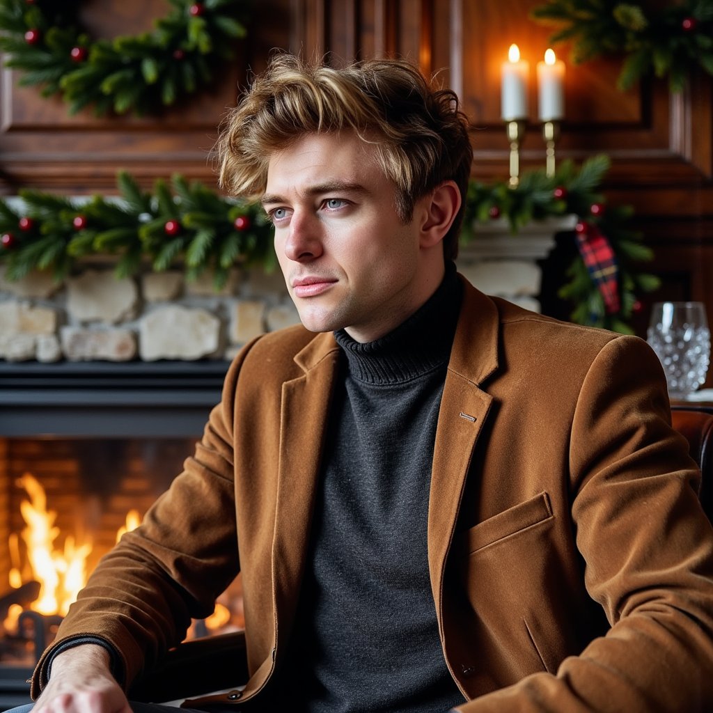 Man sitting near a crackling fireplace, profile angle at 45°, gaze slightly off-camera, thoughtful. Hairstyle: tousled medium-length waves with light texture, light stubble. Attire: charcoal wool turtleneck under a brown suede jacket. Fabric details: visible suede nap, tight rib knit texture on turtleneck. Camera: slightly low angle, 50mm lens, f/2.0. Lighting: warm directional key from fire + soft fill from opposite side, highlights reflecting in eyes. Background: blurred stone hearth, brass fire tools, hanging evergreen wreath. Pose: one arm resting on chair arm, subtle lean forward. Render: highly detailed, highly realistic, HDR; warm golden tones, natural imperfections retained.