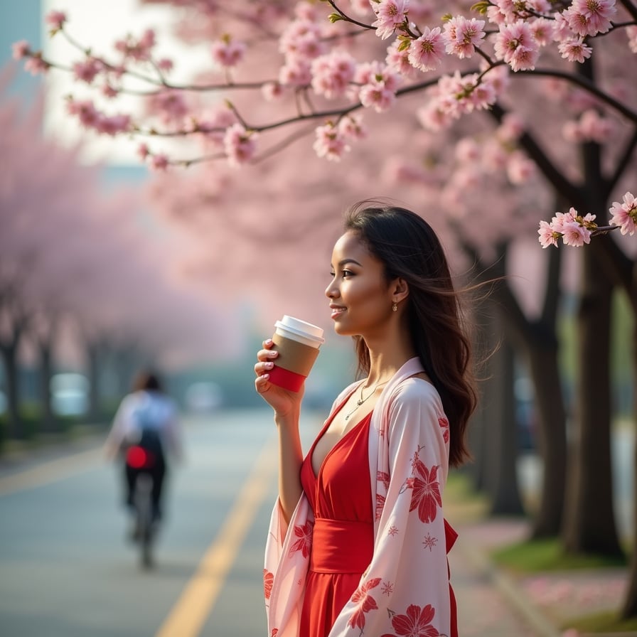 A fashionable woman in a sleek red dress walks down a quiet street lined with cherry blossom trees. The petals drift through the air as she sips her coffee, lost in thought, with a soft cityscape in the background