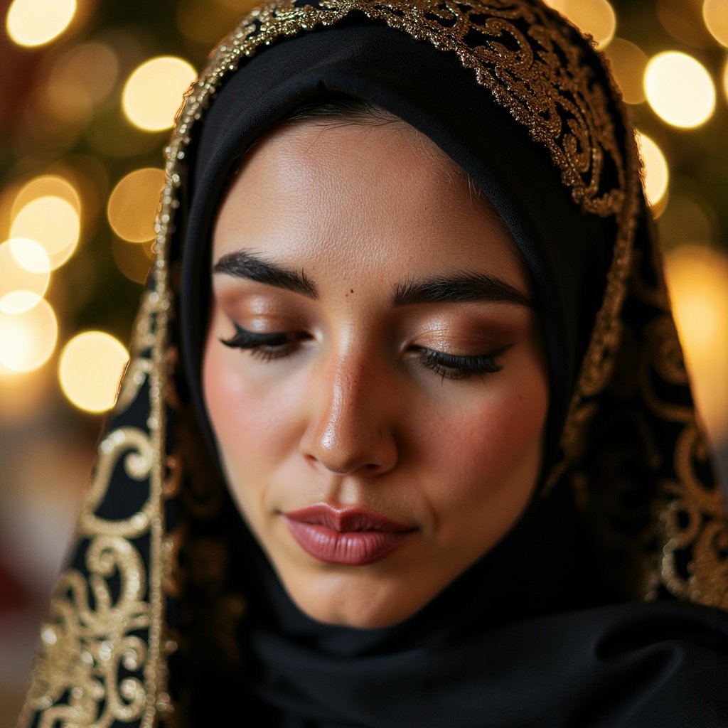 Close-up headshot of a woman in an elegant hijab with gold embroidery, eyes closed in reflection, soft background lights resembling Mawlid night ambiance