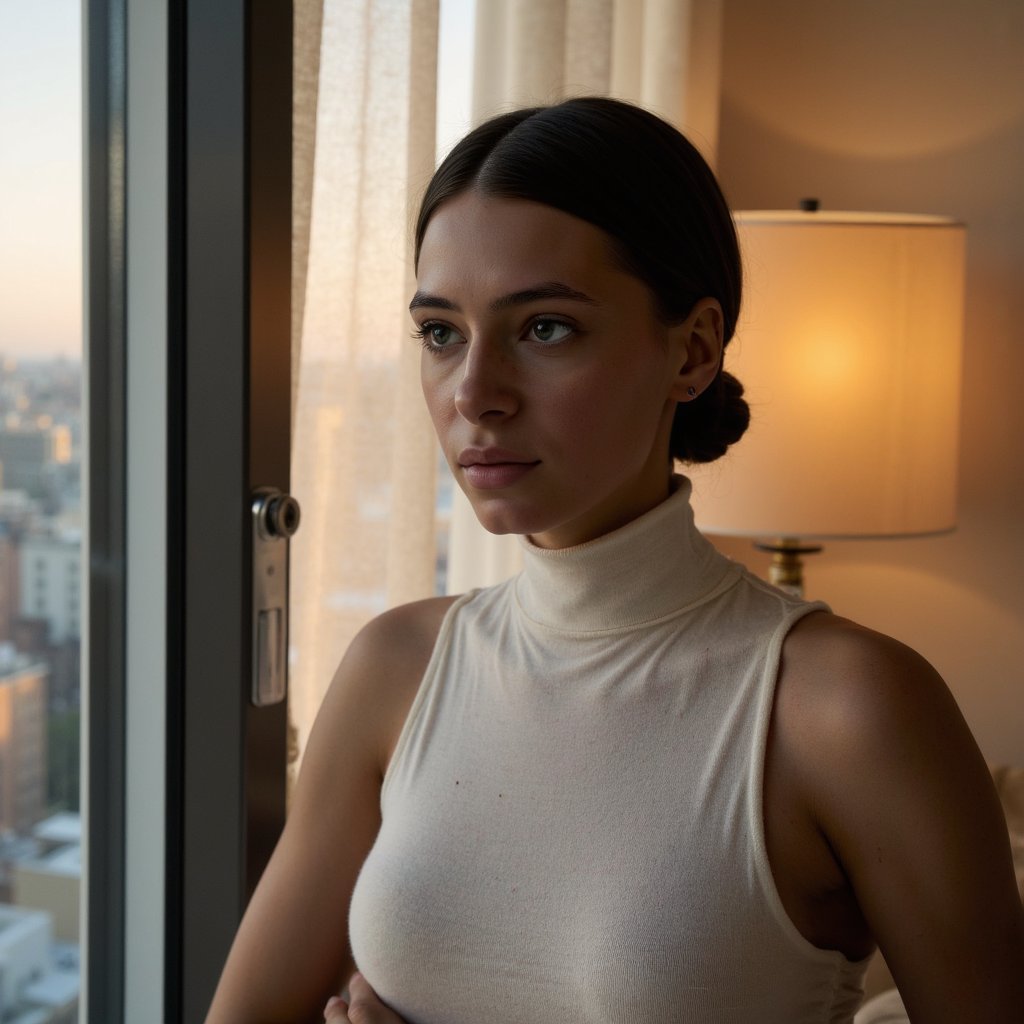A cinematic intimate portrait of a woman (mid 20s) sitting beside a tall window in a quiet room, close-up from collarbone to top of head, camera slightly above eye level looking down for tenderness. Hair: sleek low bun with a few loose baby hairs, natural shine. Face: soft freckles, visible pores, subtle peach fuzz, slightly glossy lips, eyes watery as if holding back tears, looking toward the window light, not at camera. Wardrobe: cream knit turtleneck sweater, thick ribbed texture, realistic fabric fuzz, gentle folds around neck and shoulders. Lighting: soft daylight coming through sheer curtains as the key, smooth shadow roll-off, minimal fill, a faint warm practical light far behind for depth. Background: blurred neutral wall, barely-there furniture shapes only, no clutter. Camera: 85mm lens, f/2, extremely clean focus on eyes and lashes, gentle bokeh. Mood: quiet, cinematic, human. Highly detailed, highly realistic, HDR quality, soft cinematic grading, minimal background clutter.