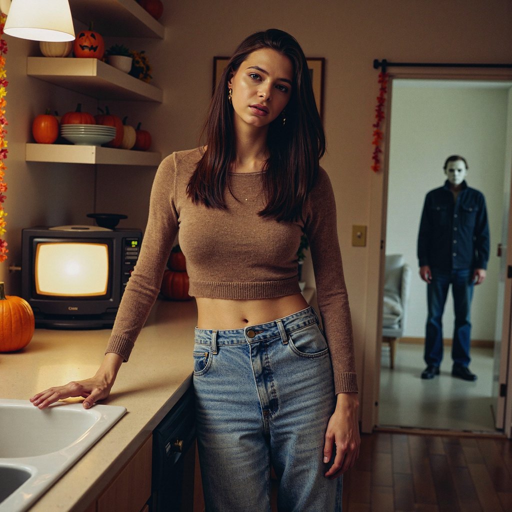 photo of a woman in a retro 70s style kitchen leaning casually against a counter. she wears high-waisted flared denim jeans with a cropped knit sweater and chunky platform shoes. her long hair falls naturally with golden clips framing her face, and her makeup is warm-toned with glossy brown lipstick and soft eyeliner. the kitchen is decorated with carved pumpkins, vintage halloween garlands, and an old box-style television glowing faintly in the corner. the lighting is warm but dim, casting uneven shadows. in the doorway behind her stands Michael Myers from the Halloween franchise, his pale white mask faintly lit by the kitchen lamp, his figure motionless and ominous in the background.