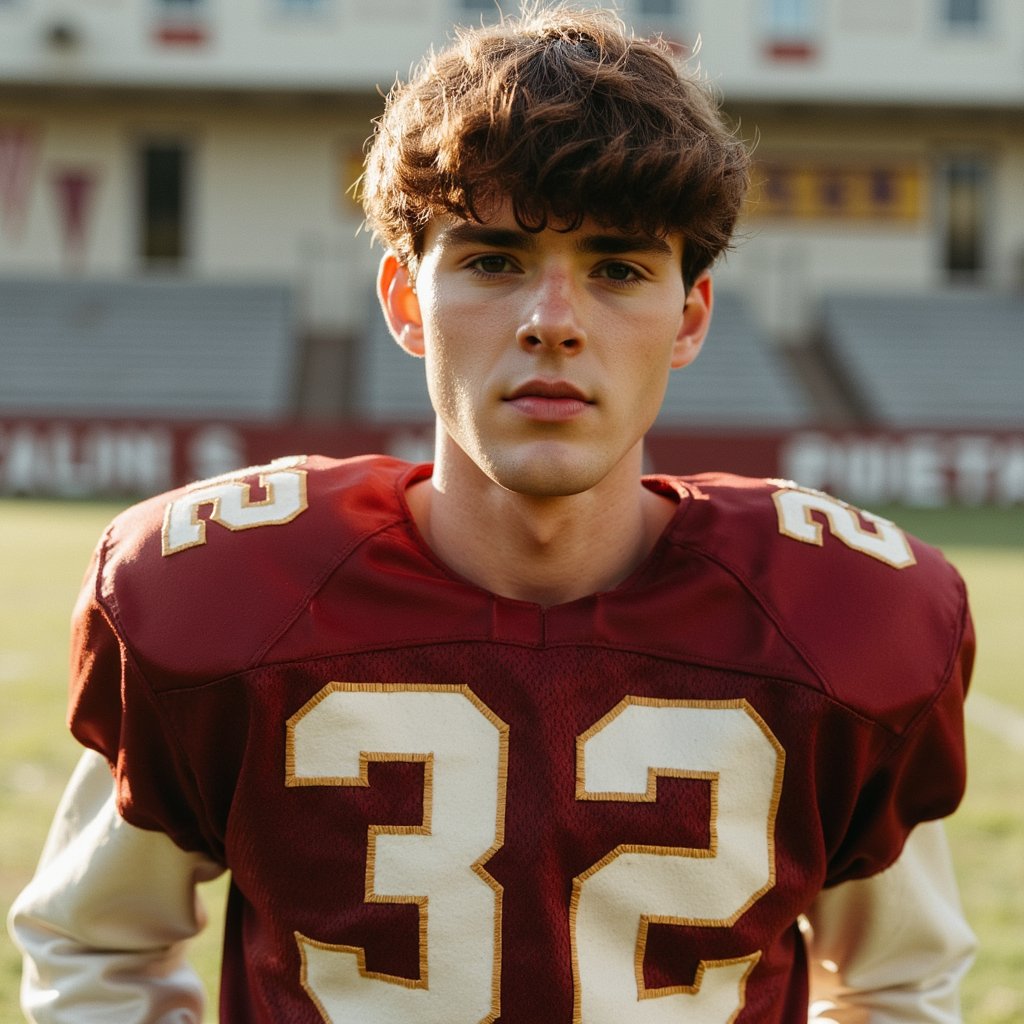 Hyper-realistic 1960s high school football captain standing on the 50-yard line, framed waist-up with a 55mm lens for balanced perspective. He wears a heavy wool-blend football jersey in deep maroon, slightly faded from repeated washing, with large cream-colored felt numbers stitched onto the chest — stitching threads visible at close range, edges slightly frayed. Underneath, thick cotton shoulder pads give the upper body a structured, squared-off silhouette. His dark hair is neatly parted to the side and combed back with pomade, individual strands catching sunlight in a subtle sheen. The face shows realistic athletic details — lightly tanned skin, a faint bead of sweat on the temple, light freckles across the nose, faint shadow of stubble along the jawline, and creases at the corners of the eyes from squinting in the sun. Expression is confident but approachable, lips pressed into a faint half-smile, gaze directed just above the lens. Afternoon sunlight from the right casts a warm glow along his cheekbones and nose bridge, with a soft fill from the grass reflecting below. Behind him, the blurred background reveals muted bleachers, a distant goalpost, and soft green turf, all rendered in creamy bokeh to isolate the subject while keeping the nostalgic school setting intact.