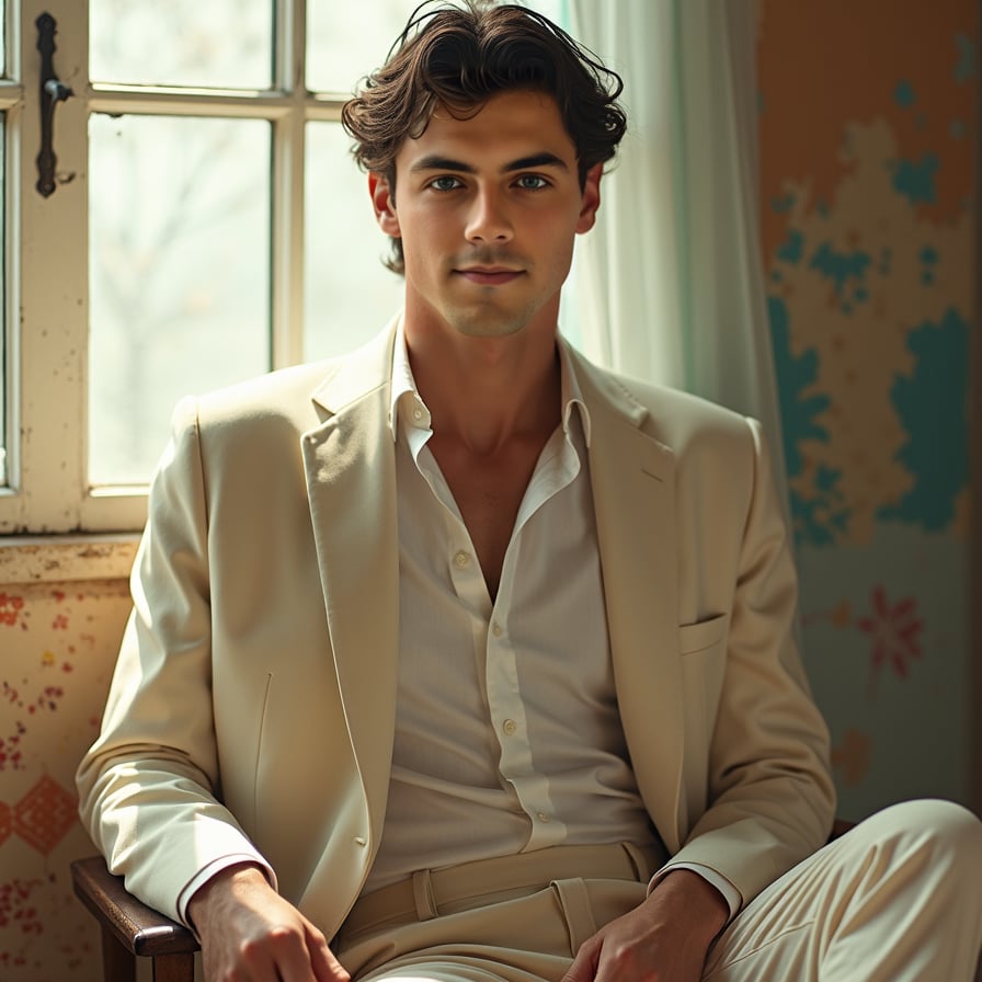 Classic vintage portrait, sepia tones, elegant attire, and antique backdrop.