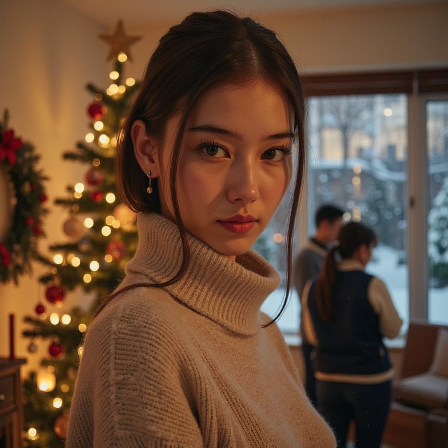 a close-up portrait of a woman standing indoors during the holidays, calm neutral expression, wearing a warm winter sweater, softly glowing Christmas lights reflecting in their eyes, family/friends slightly blurred in the background decorating a Christmas tree or sharing a cozy moment, festive ornaments and warm golden fairy lights filling the room, subtle bokeh effect for depth, nostalgic handcrafted holiday card aesthetic, cinematic warm lighting, highly realistic, highly detailed, HDR, perfect for heartfelt holiday gift cards