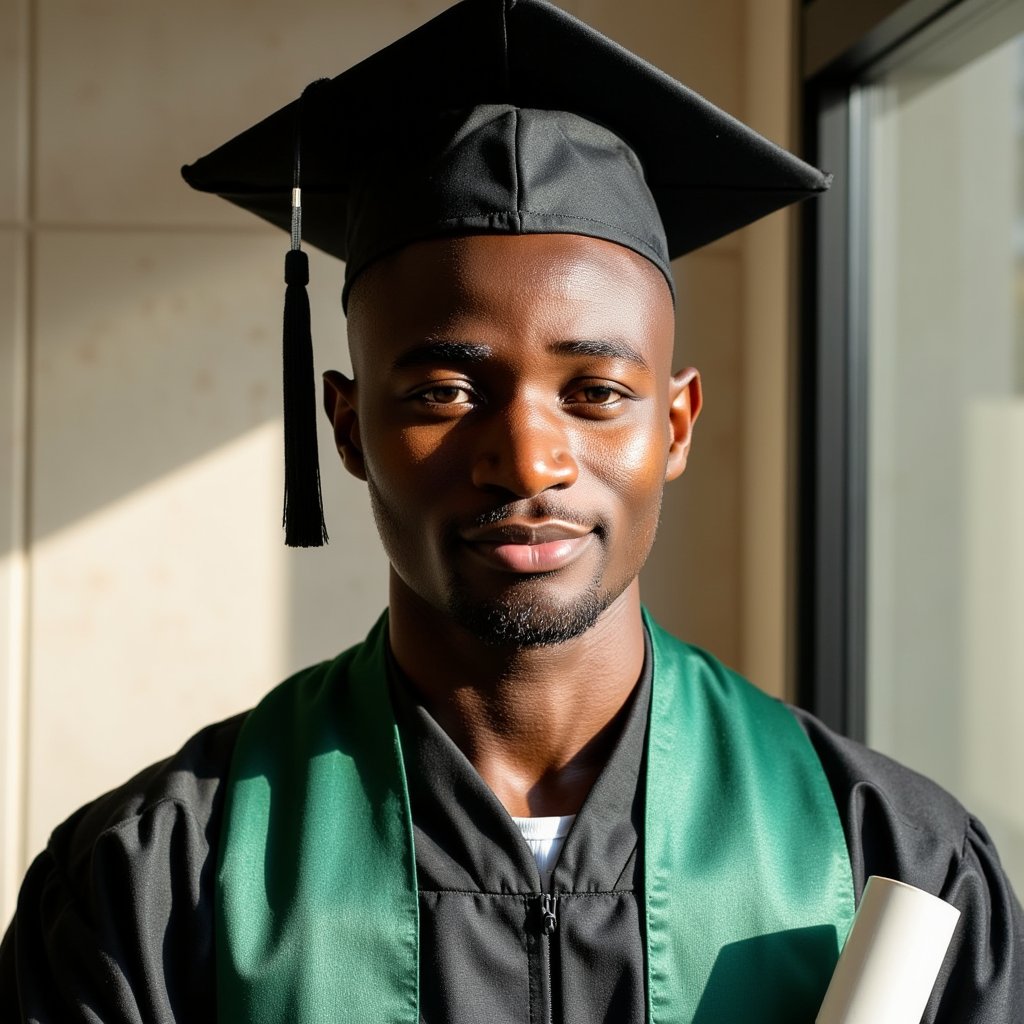 Head-and-shoulders portrait of a man graduate beside a large window casting soft diffused daylight; black gown with forest-green satin stole draped neatly; tight fade haircut, clean-shaven; serious but serene expression, chin slightly raised; camera at shoulder height for a parallel angle; 50 mm lens, f/1.8; lighting: side light from window, shadow fall-off on opposite cheek, catchlights clear; background: out-of-focus pale stone wall and subtle reflections; fabric rendering shows subtle stitching and light fall on the folds; high micro-contrast and clean tonal gradient; minimalist color palette, highly detailed, highly realistic, HDR effect emphasizing the calm moment.