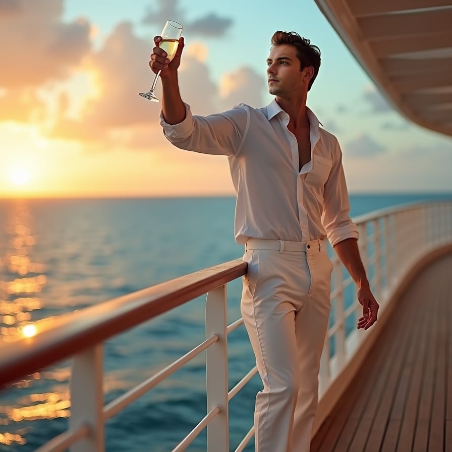 Fitness on Deck: The model is in activewear, engaged in a workout session on the ship’s sports deck or fitness center. he’s performing an exercise or stretching with the ocean in the background, showcasing a blend of fitness and luxury.