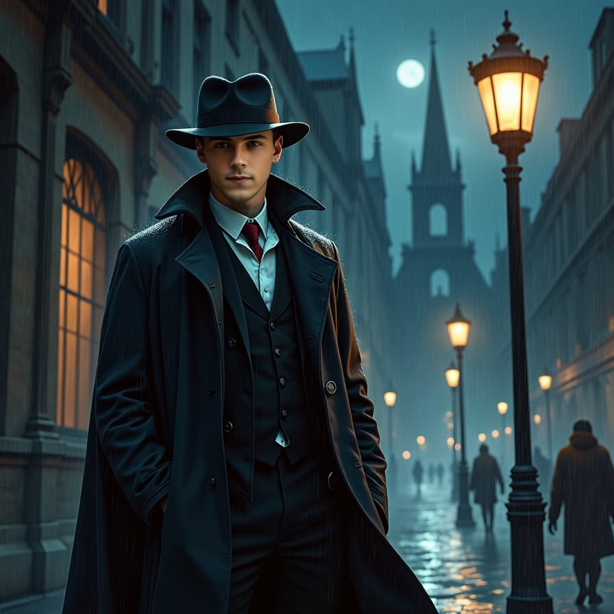 Depict a vampire detective standing under a streetlight on a rainy city street at night. He’s dressed in a long, dark trench coat and a fedora, with shadows partially obscuring his face, revealing only sharp, pale features and piercing eyes. Raindrops glisten on his coat, and the city lights reflect off the wet pavement around him. His expression is focused and brooding, giving the scene a noir-like, suspenseful feel.