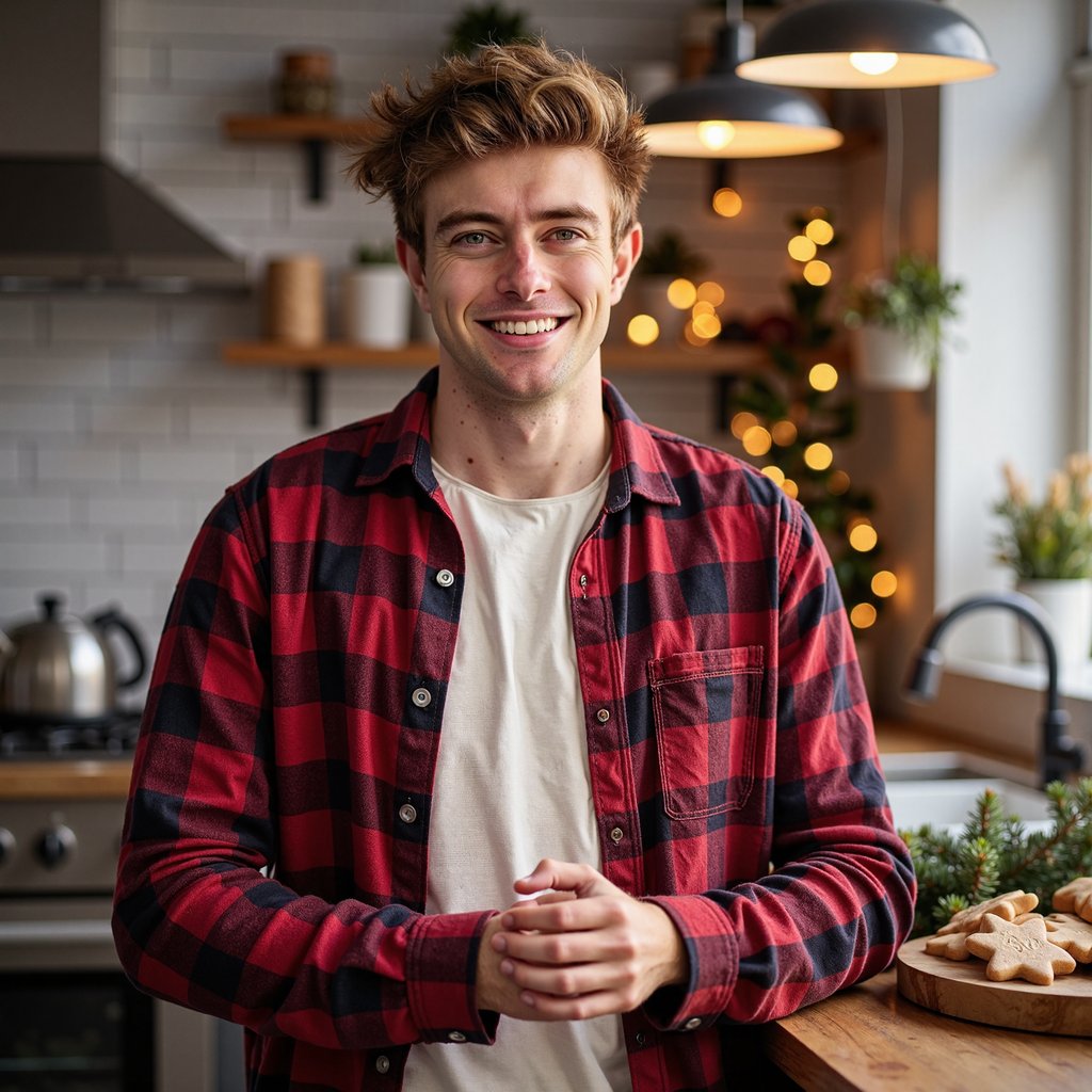 Waist-up portrait of a man standing in a holiday-lit kitchen, leaning lightly against the counter, hands loosely clasped in front, no motion. He wears a deep-red flannel shirt layered over a cream thermal tee; flannel pattern threads visible in crisp detail. Hair: slightly messy textured quiff; clean-shaven. Lighting: warm overhead pendant lights with soft falloff on one side, plus a subtle orange glow from a stovetop kettle off-frame. Background: blurred Christmas cookie tin, pine sprigs, soft-string lights—minimal clutter, shallow DOF. Camera: 50mm f/2 at slight lower-than-eye angle for a homey vibe; highly detailed, highly realistic, HDR with clear textile structure and natural skin texture.
