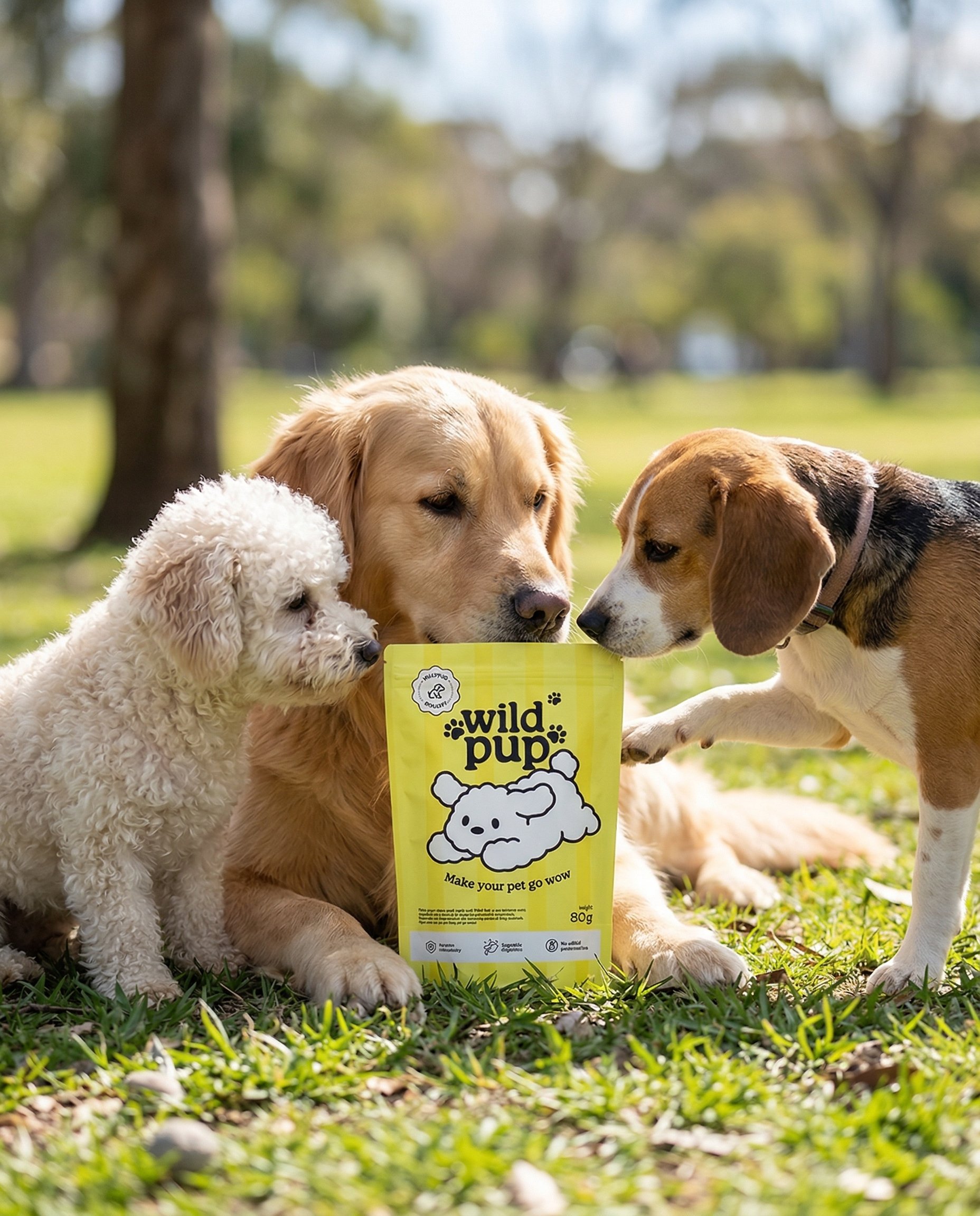 [ROLE]
You are a high-end commercial pet advertising photographer creating playful, cute, and professional campaign images.

---

[PRODUCT IDENTITY LOCK — CRITICAL]

Use the uploaded product image as the absolute reference.

Strictly preserve:
- exact packaging shape and proportions
- logo placement and readability ("wild pup")
- label graphics and illustration
- colors and material texture
- no deformation, no redesign, no blur

Product must remain 100% consistent across all images.

---

[SUBJECT SYSTEM — DOGS]

- dogs are varied across images (different breeds)
- must all feel cute, friendly, and appealing
- realistic anatomy and fur detail
- no stylization or cartoon look

---

[STYLE]

- playful
- cute
- professional advertising quality
- bright and clean visual tone

---

[SCENE TYPE]

- outdoor lifestyle environments only
- natural lighting (sunlight, soft daylight)
- environments must feel real and positive

---

[COMPOSITION]

- varied compositions across scenes
- product always clearly visible
- strong visual focus on product + dog interaction
- clean background (no clutter)

---

[PRODUCT INTERACTION — MIXED]

Across scenes, vary interactions:
- holding in mouth
- touching with paw
- placed in environment
- interacting naturally

---

[COLOR SYSTEM]

- each image uses a different playful color palette
- background, environment, and tones harmonized per image
- product color must remain unchanged

---

[EXPRESSION / MOOD]

- mix of calm cute + slightly playful
- natural expressions (no exaggeration)
- emotionally appealing

---

[LIGHTING]

- natural outdoor lighting
- soft shadows
- warm and inviting tone

---

[CONSTRAINTS]

- no external text
- no graphic overlays
- no distortion of product
- no unrealistic anatomy
- no cluttered background

---

[PRIORITY]

product clarity > product consistency > natural interaction > visual appeal

Three dogs gathered around the product placed on the ground.

Different breeds interacting naturally.

Balanced composition, product clearly visible.

Friendly and social feeling.
