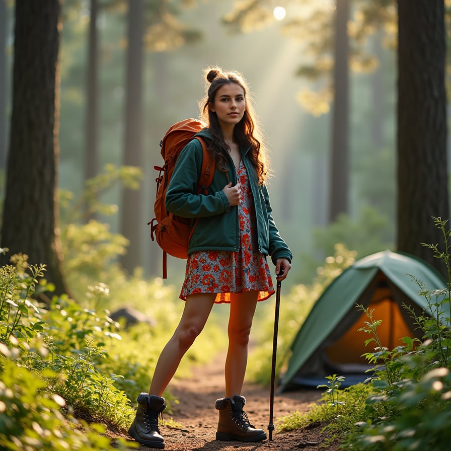 woman wearing outdoor gear, including a fleece jacket and hiking boots, standing amidst a serene forest landscape, surrounded by tall trees and lush greenery, with a camping tent and backpack nearby, posing with a walking stick and a sense of adventure.