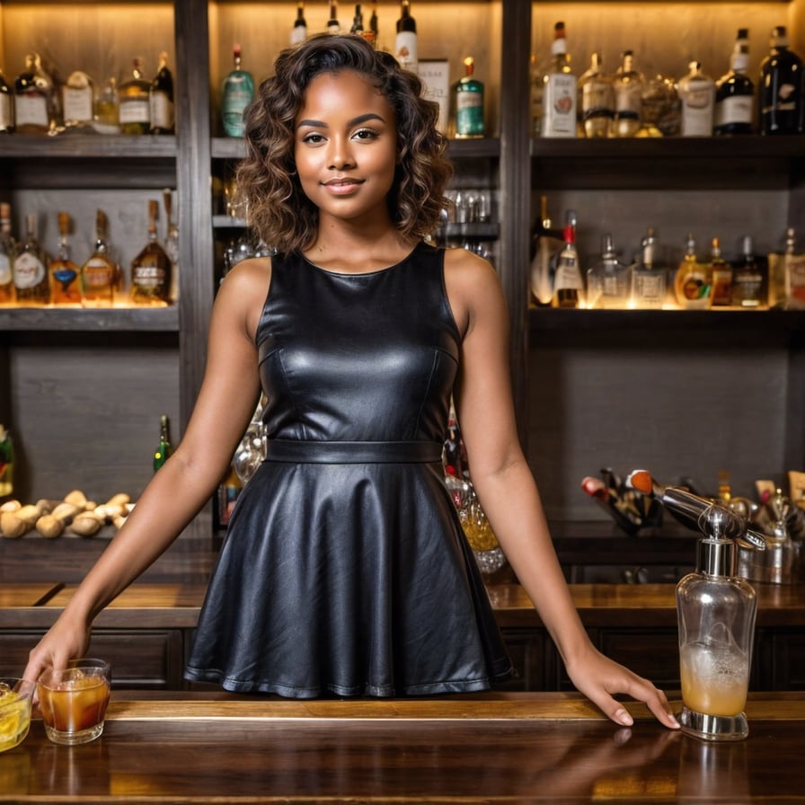 Stunning woman in bar, short dress, dark, sultry setting.
