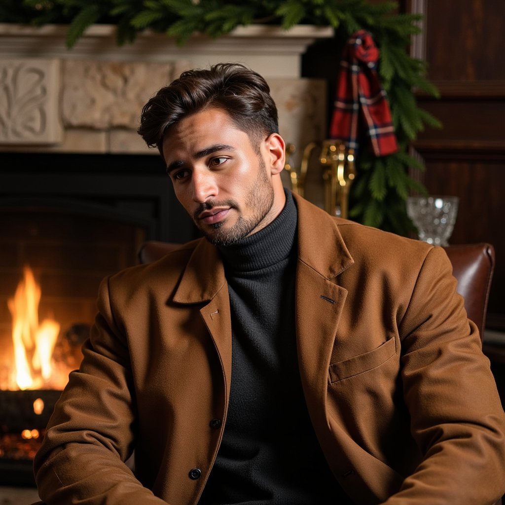 Man sitting near a crackling fireplace, profile angle at 45°, gaze slightly off-camera, thoughtful. Hairstyle: tousled medium-length waves with light texture, light stubble. Attire: charcoal wool turtleneck under a brown suede jacket. Fabric details: visible suede nap, tight rib knit texture on turtleneck. Camera: slightly low angle, 50mm lens, f/2.0. Lighting: warm directional key from fire + soft fill from opposite side, highlights reflecting in eyes. Background: blurred stone hearth, brass fire tools, hanging evergreen wreath. Pose: one arm resting on chair arm, subtle lean forward. Render: highly detailed, highly realistic, HDR; warm golden tones, natural imperfections retained.