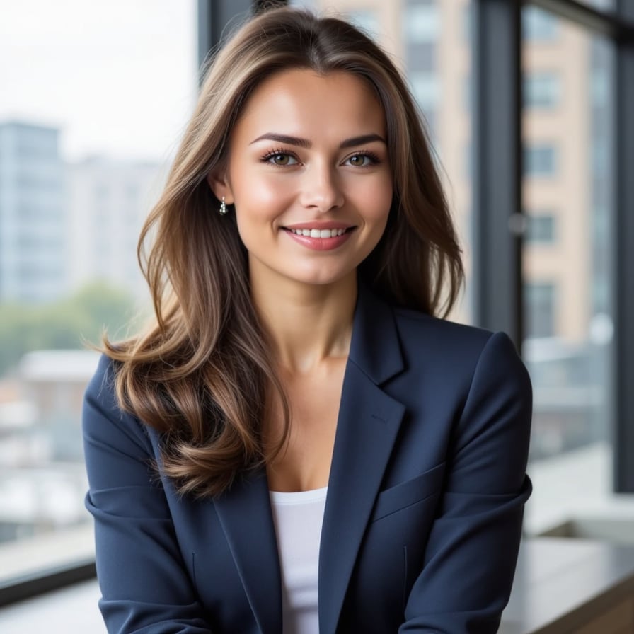 A professional-looking woman in her mid-30s with a confident and approachable demeanor, wearing a tailored navy blue blazer and a crisp white blouse, sits with a slight lean forward, her bright hazel eyes and warm smile directed at the camera. Her long, dark brown hair is styled in loose waves, framing her heart-shaped face with subtle highlights accentuating her cheekbones. Soft, natural light from a nearby window casts a gentle glow on her features, highlighting her smooth, lightly freckled skin texture, as she sits in a modern office setting with a blurred cityscape visible through the large glass window behind her.
