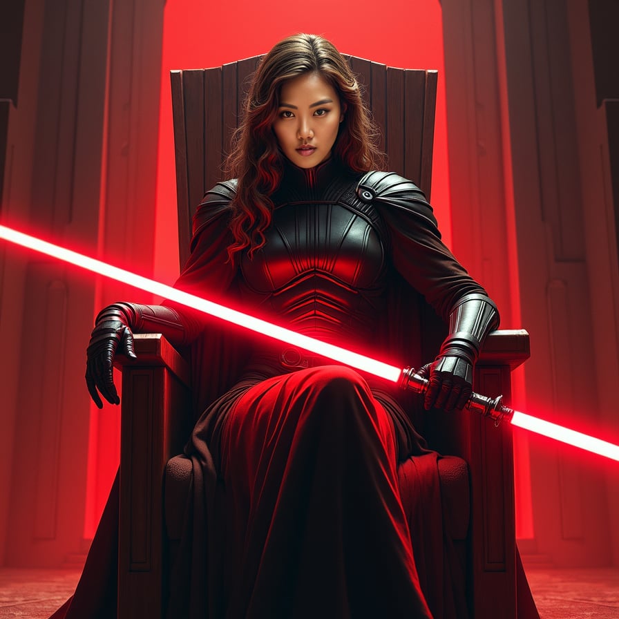 A powerful female Sith sits on a throne, facing the camera with a fierce and intense gaze. The shadows around her are illuminated by her red lightsaber, which she holds across her lap. Her dark armor and the ominous, red-lit chamber create an intimidating atmosphere.