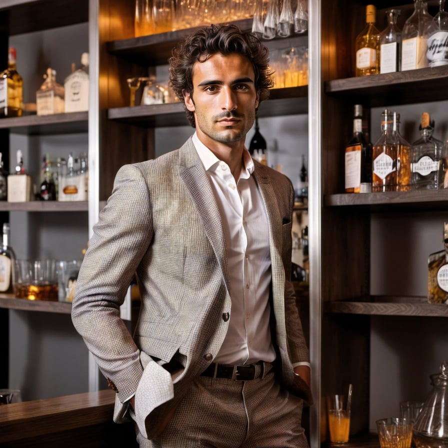 Handsome man in dark bar, seductive smile, party atmosphere.