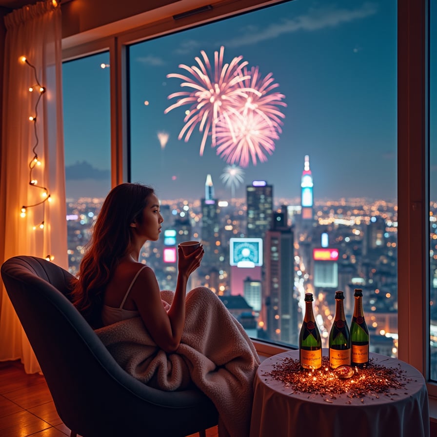 A serene woman sitting on a cozy armchair by a large window, wrapped in a soft blanket, sipping hot chocolate, and gazing at the starry night sky as fireworks burst in the distance