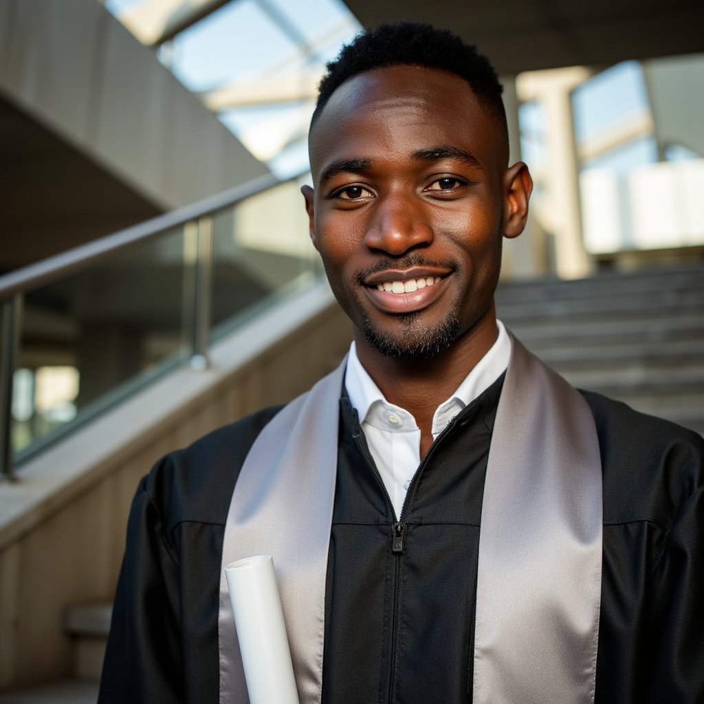 Waist-up image of a man graduate leaning gently against a modern concrete stair railing, indoor daylight streaming from a skylight above; wearing a slim black gown, silver satin stole, crisp white collar visible underneath; slicked-back hair, light stubble, composed neutral face; camera slightly below chest level for upward depth, 50 mm lens, f/2.5; lighting: bright diffused top-light forming natural shadows, highlighting gown texture; background: clean geometric lines of the stairwell, shallow focus; micro-contrast on fabric folds, skin pores, metal railing grain; mood sleek, professional, highly detailed, highly realistic, HDR.