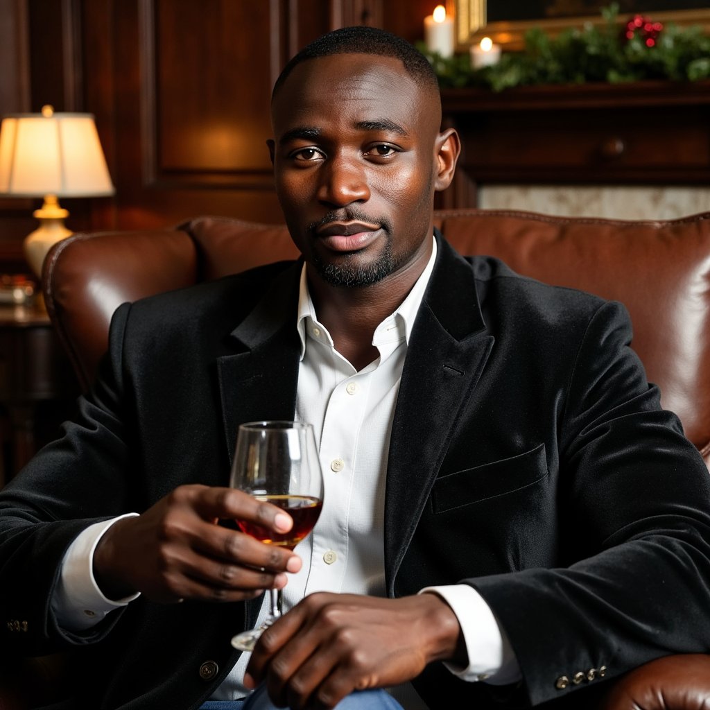 Man seated in a leather armchair holding a crystal glass of cognac, face turned toward a faint light source. Hairstyle: short, side-swept with soft sheen; neatly trimmed beard. Attire: charcoal velvet dinner jacket, crisp white shirt, no tie. Fabric details: velvet reflection on lapel edges, fine cotton weave on shirt. Camera: close portrait, 105mm, f/2.0 for cinematic intimacy. Lighting: single warm lamp key, soft shadow falloff; golden tones on skin. Background: blurred mahogany panels, faint fireplace glow, subtle garland reflection. Pose: relaxed yet composed, faint half-smile.
Render: highly detailed, highly realistic, HDR; reflections in glass, skin warmth from light, fine texture detail.