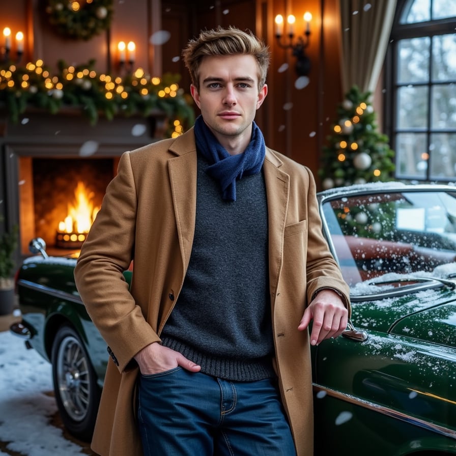 Man leaning against a deep-green vintage convertible parked near a pine-lined driveway, subtle snowfall. Hairstyle: slicked back with matte finish, short beard trimmed. Attire: camel wool coat, navy cashmere scarf, leather driving gloves. Fabric details: crisp wool texture, fine cashmere fibers, glove patina. Camera: slightly low angle, 35mm, f/2.0 for cinematic perspective. Lighting: cool blue dusk ambient + warm reflection from nearby holiday lights. Background: blurred evergreen garlands wrapped around lampposts, faint glow of mansion windows. Pose: relaxed, one hand in pocket, the other on car edge. Render: highly detailed, highly realistic, HDR; reflections visible on coat buttons and car chrome.