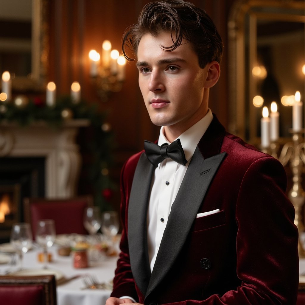 Man standing in an elegant dining room with candelabra and dark wood accents. Hairstyle: combed back with side part, clean shave. Attire: deep burgundy velvet dinner jacket, black satin bow tie, white pocket square. Fabric details: plush velvet nap, satin sheen, fine cotton weave. Camera: slightly above eye level, 85mm, f/1.8. Lighting: candlelight key + faint wall sconce fill; warm and cinematic. Background: blurred candelabra glow, dark mahogany wall paneling, subtle table settings. Pose: hands lightly folded at front, gentle half-smile. Render: highly detailed, highly realistic, HDR; fine facial hair texture, candle reflections on fabric.