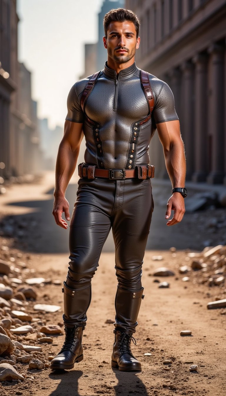 A male superhero stands among the rubble of a city street, dust swirling in the air, parts of his suit scratched and battle-worn. Flames flicker in the distance as the golden-hour light hits from the side, casting long shadows and capturing the quiet intensity after victory.
